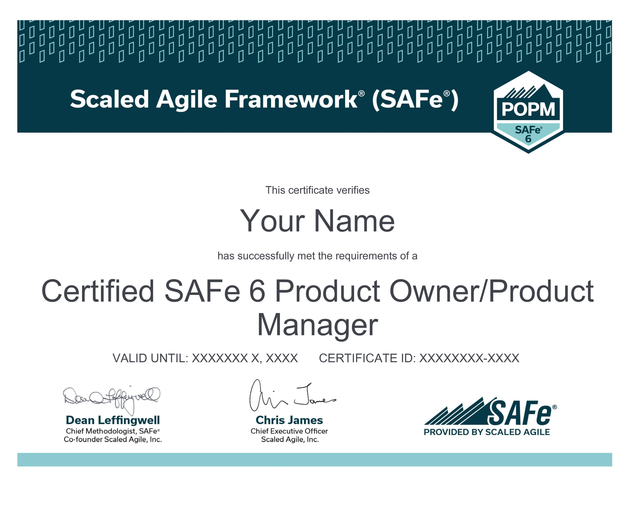 SAFe POPM Sample Certificate